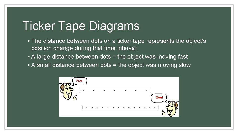 Ticker Tape Diagrams • The distance between dots on a ticker tape represents the