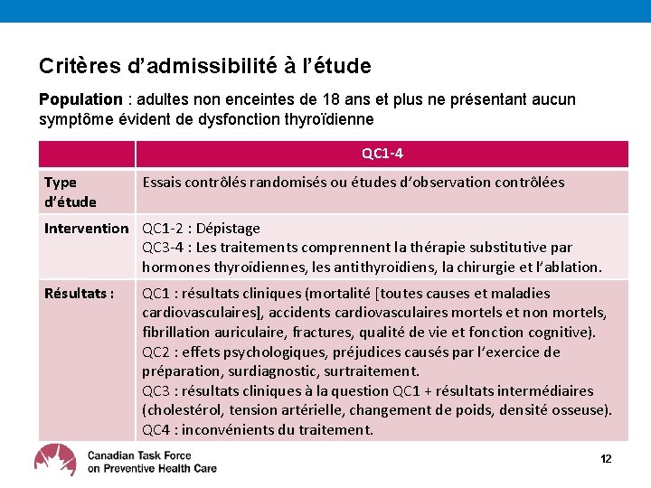 Critères d’admissibilité à l’étude Population : adultes non enceintes de 18 ans et plus