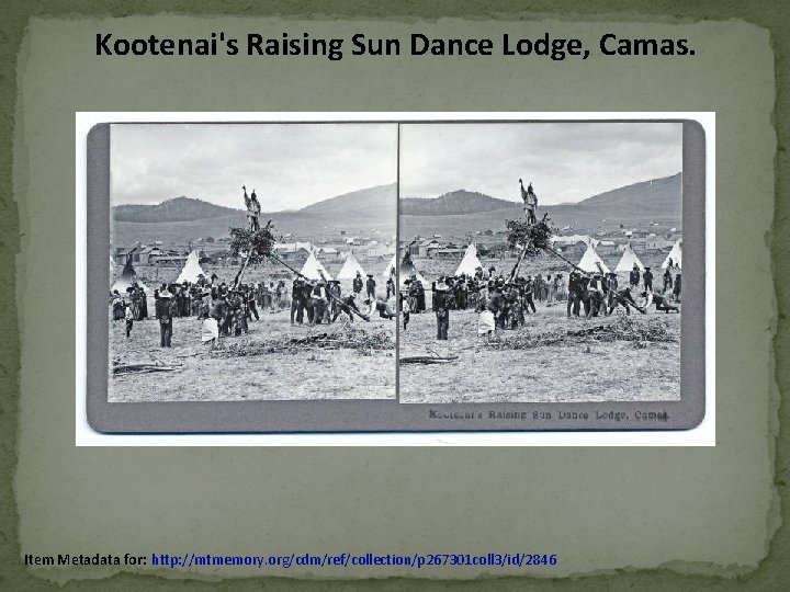 Kootenai's Raising Sun Dance Lodge, Camas. Item Metadata for: http: //mtmemory. org/cdm/ref/collection/p 267301 coll