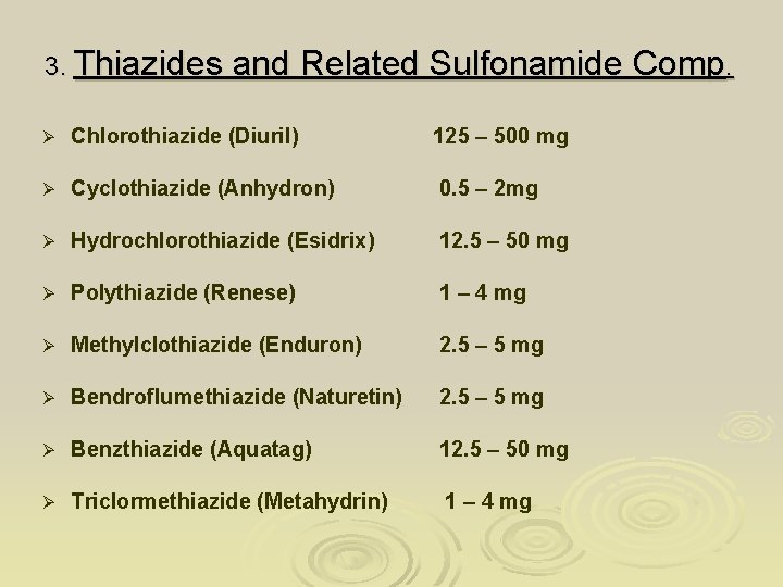 3. Thiazides and Related Sulfonamide Comp. Ø Chlorothiazide (Diuril) 125 – 500 mg Ø