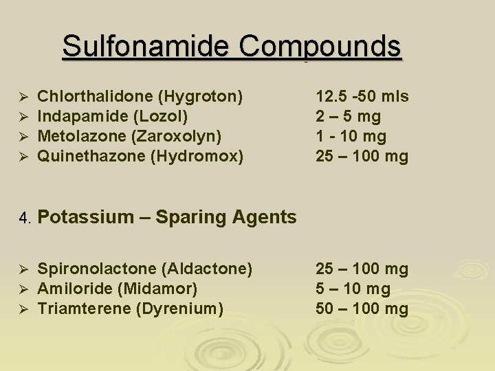 Sulfonamide Compounds Ø Ø Chlorthalidone (Hygroton) Indapamide (Lozol) Metolazone (Zaroxolyn) Quinethazone (Hydromox) 12. 5 Sulfonamide Compounds Ø Ø Chlorthalidone (Hygroton) Indapamide (Lozol) Metolazone (Zaroxolyn) Quinethazone (Hydromox) 12. 5