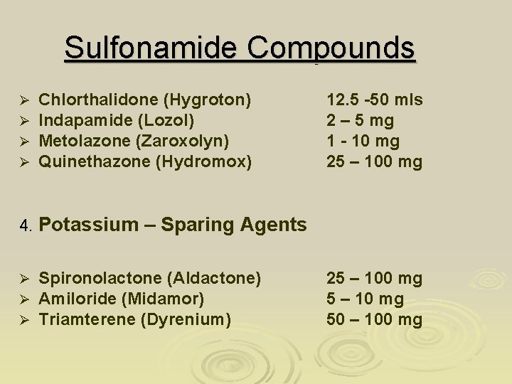 Sulfonamide Compounds Ø Ø Chlorthalidone (Hygroton) Indapamide (Lozol) Metolazone (Zaroxolyn) Quinethazone (Hydromox) 12. 5