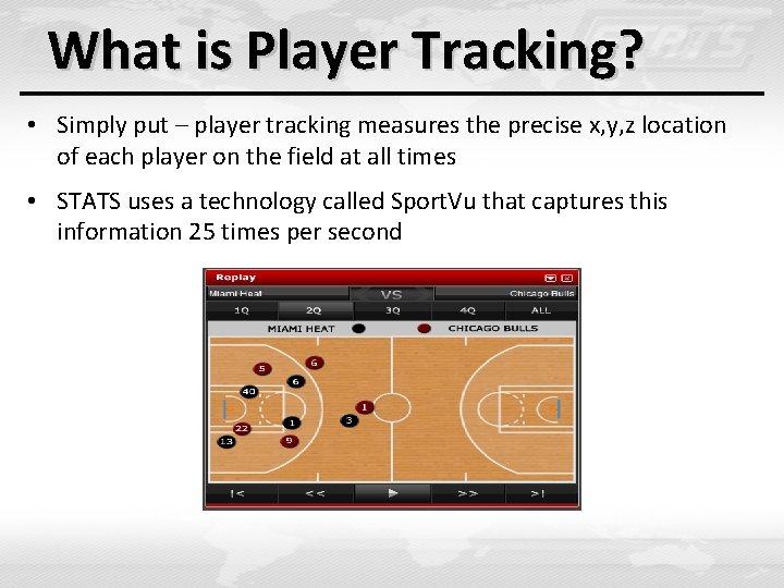 What is Player Tracking? • Simply put – player tracking measures the precise x, What is Player Tracking? • Simply put – player tracking measures the precise x,