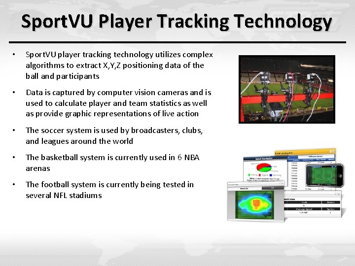 Sport. VU Player Tracking Technology • Sport. VU player tracking technology utilizes complex algorithms Sport. VU Player Tracking Technology • Sport. VU player tracking technology utilizes complex algorithms