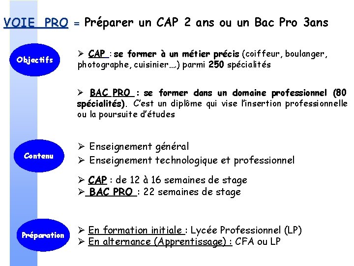 VOIE PRO = Préparer un CAP 2 ans ou un Bac Pro 3 ans