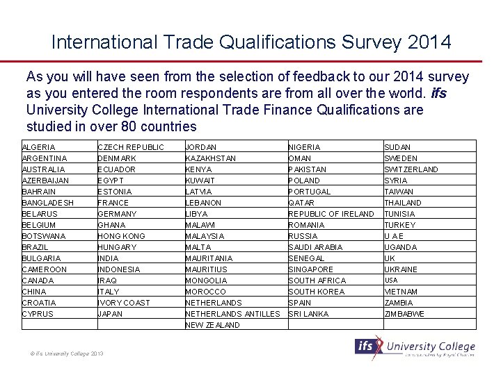 International Trade Qualifications Survey 2014 As you will have seen from the selection of