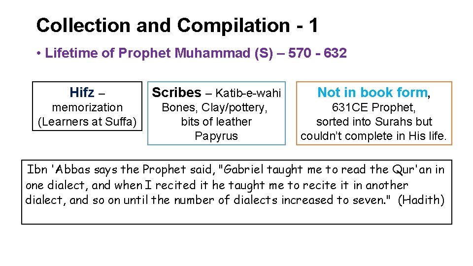 Collection and Compilation - 1 • Lifetime of Prophet Muhammad (S) – 570 - Collection and Compilation - 1 • Lifetime of Prophet Muhammad (S) – 570 -