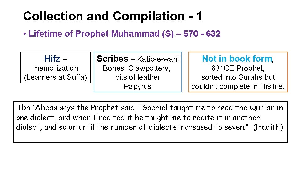 Collection and Compilation - 1 • Lifetime of Prophet Muhammad (S) – 570 -
