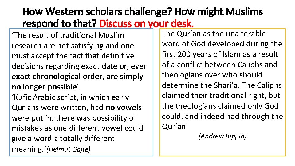 How Western scholars challenge? How might Muslims respond to that? Discuss on your desk.