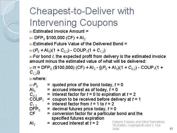 Cheapest to Deliver with Intervening Coupons Estimated Invoice Amount = DFP 0 $100, 000