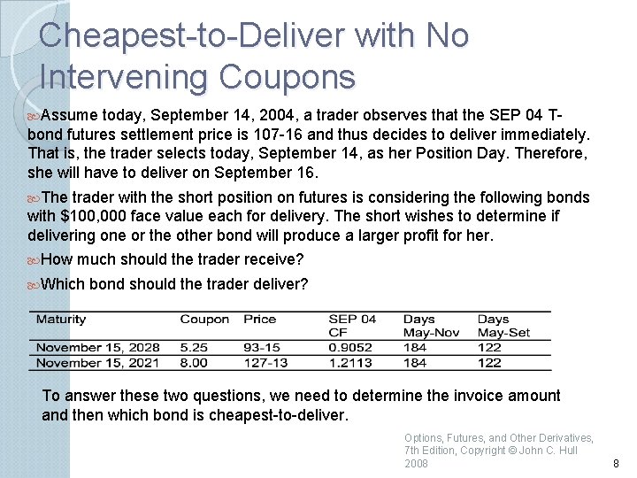 Cheapest to Deliver with No Intervening Coupons Assume today, September 14, 2004, a trader