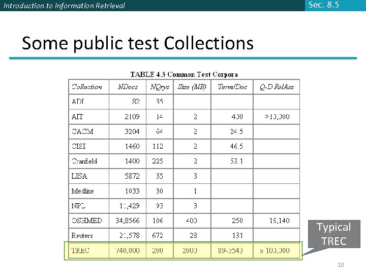 Introduction to Information Retrieval Sec. 8. 5 Some public test Collections Typical TREC 10 Introduction to Information Retrieval Sec. 8. 5 Some public test Collections Typical TREC 10