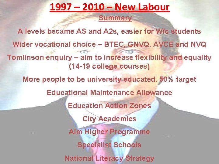 1997 – 2010 – New Labour Summary A levels became AS and A 2