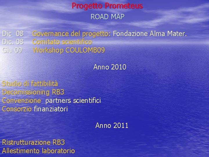 Progetto Prometeus ROAD MAP Dic 08 Dic. 08 Giu 09 Governance del progetto: Fondazione