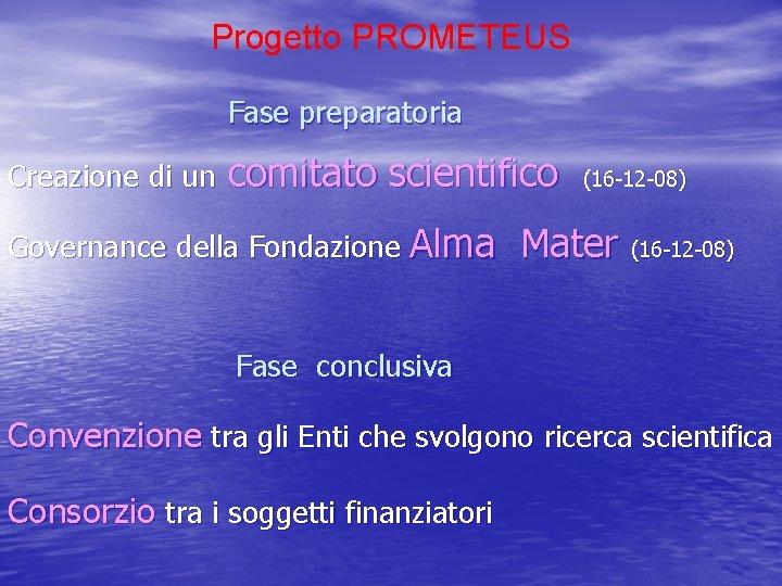 Progetto PROMETEUS Fase preparatoria Creazione di un comitato scientifico Governance della Fondazione Alma (16