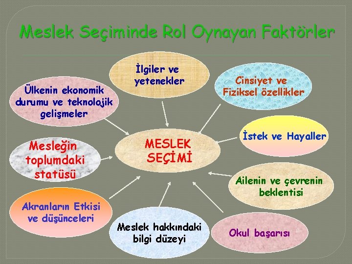 Meslek Seçiminde Rol Oynayan Faktörler Ülkenin ekonomik durumu ve teknolojik gelişmeler Mesleğin toplumdaki statüsü