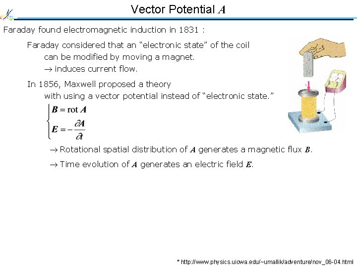 Vector Potential A Faraday found electromagnetic induction in 1831 : Faraday considered that an