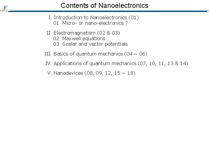 Contents of Nanoelectronics I. Introduction to Nanoelectronics (01) 01 Micro- or nano-electronics ? II.