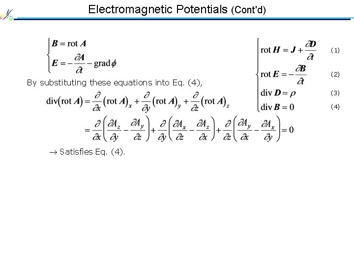 Electromagnetic Potentials (Cont'd) (1) By substituting these equations into Eq. (4), (2) (3) (4)