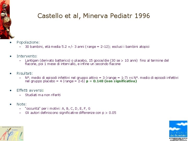 Castello et al, Minerva Pediatr 1996 • Popolazione: – • Intervento: – • N°.