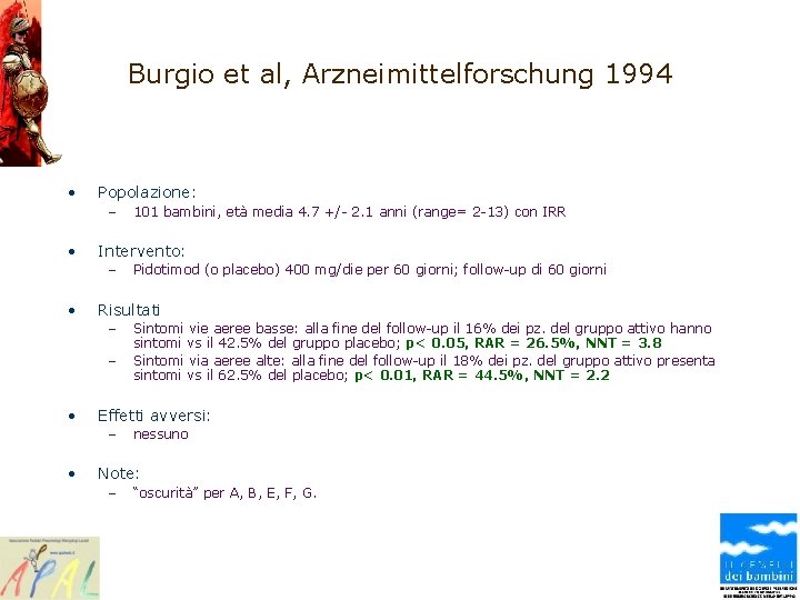 Burgio et al, Arzneimittelforschung 1994 • Popolazione: – • Intervento: – • – Sintomi