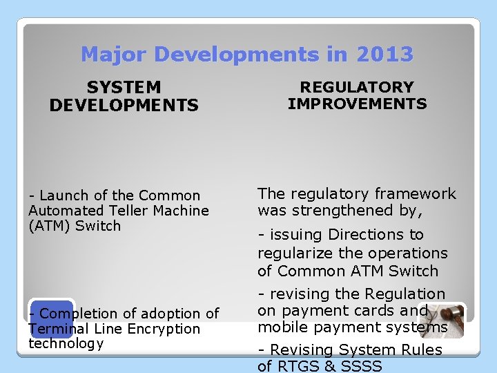 Major Developments in 2013 SYSTEM DEVELOPMENTS - Launch of the Common Automated Teller Machine