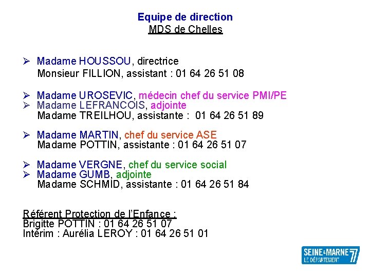 Equipe de direction MDS de Chelles Ø Madame HOUSSOU, directrice Monsieur FILLION, assistant :