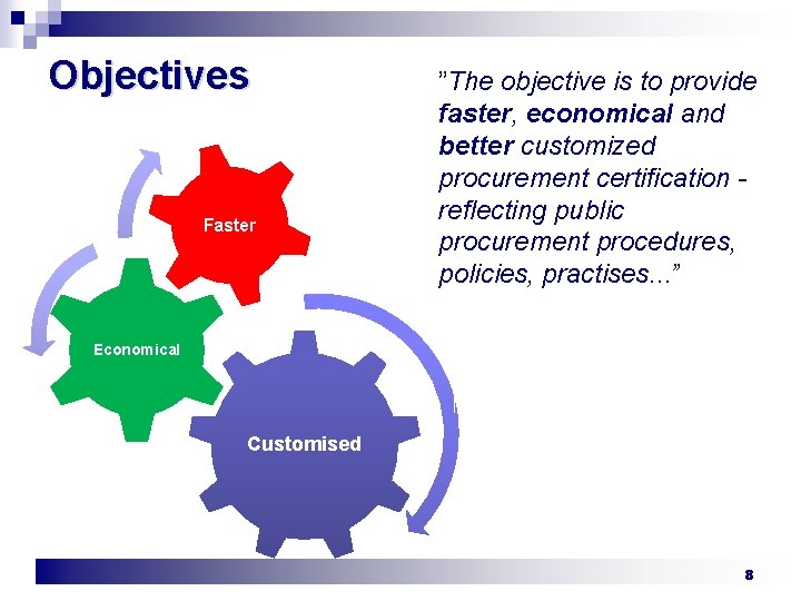 Objectives Faster ”The objective is to provide faster, economical and better customized procurement certification