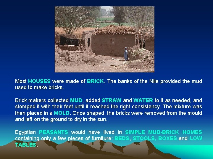 Most HOUSES were made of BRICK. The banks of the Nile provided the mud