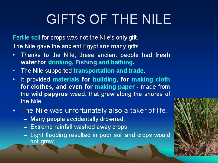 GIFTS OF THE NILE Fertile soil for crops was not the Nile's only gift.