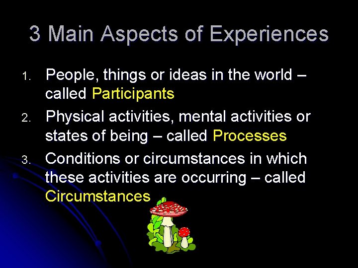 3 Main Aspects of Experiences 1. 2. 3. People, things or ideas in the