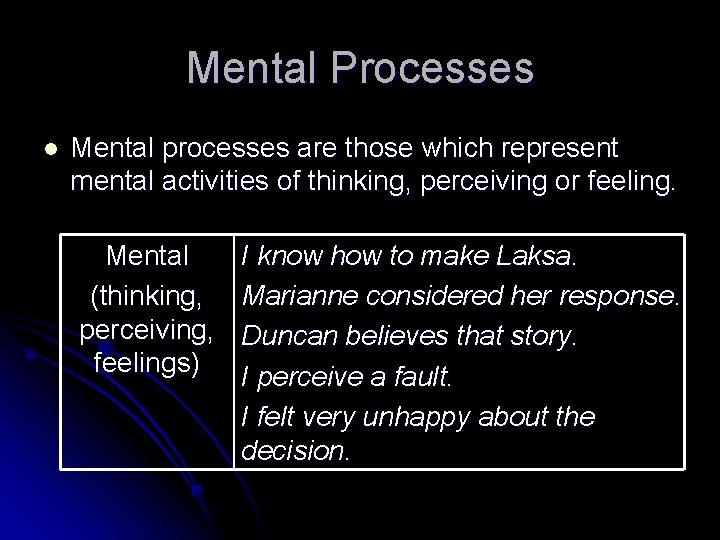 Mental Processes l Mental processes are those which represent mental activities of thinking, perceiving