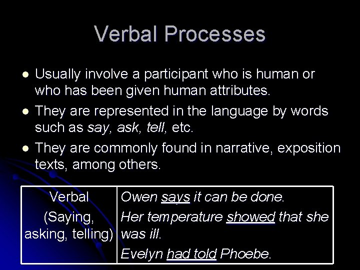 Verbal Processes l l l Usually involve a participant who is human or who