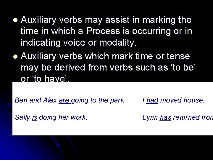 Auxiliary verbs may assist in marking the time in which a Process is occurring