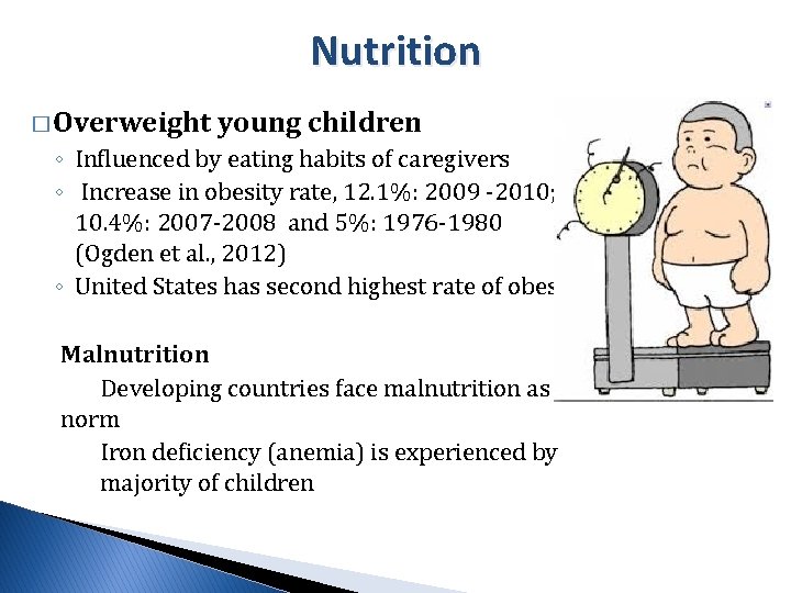 Nutrition � Overweight young children ◦ Influenced by eating habits of caregivers ◦ Increase