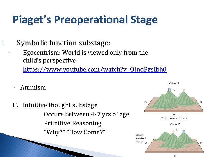 Piaget’s Preoperational Stage Symbolic function substage: I. ◦ Egocentrism: World is viewed only from