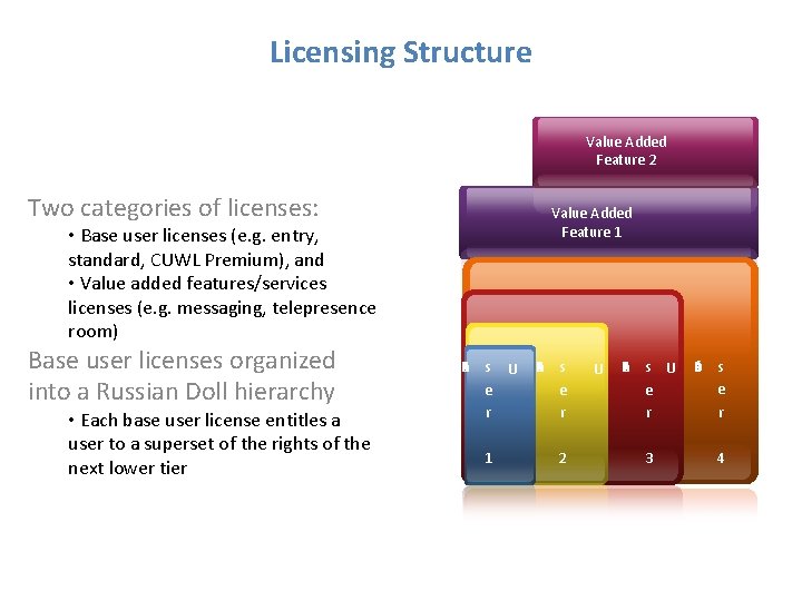 Licensing Structure Value Added Feature 2 Two categories of licenses: Value Added Feature 1