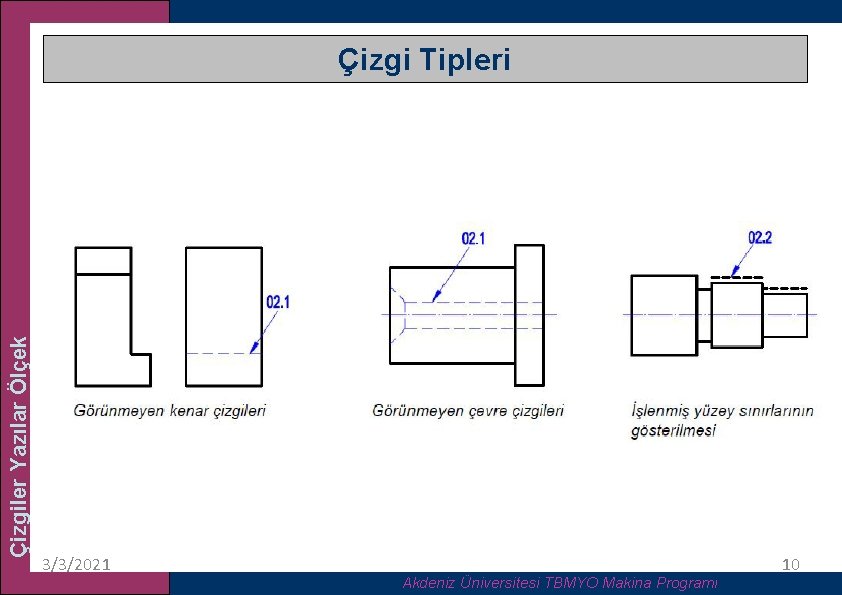 Çizgiler Yazılar Ölçek Çizgi Tipleri 3/3/2021 Akdeniz Üniversitesi TBMYO Makina Programı 10 