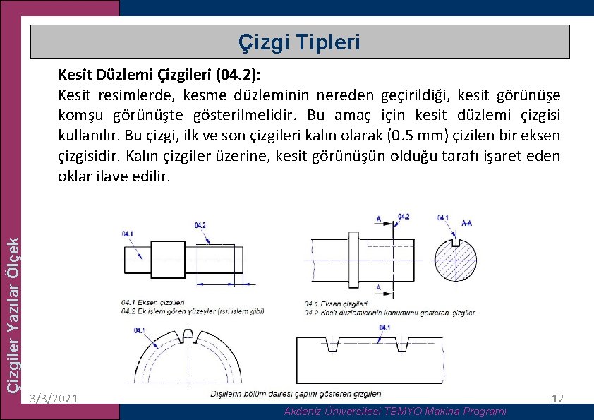 Çizgi Tipleri Çizgiler Yazılar Ölçek Kesit Düzlemi Çizgileri (04. 2): Kesit resimlerde, kesme düzleminin