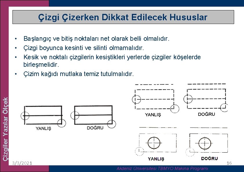 Çizgi Çizerken Dikkat Edilecek Hususlar Çizgiler Yazılar Ölçek • Başlangıç ve bitiş noktaları net