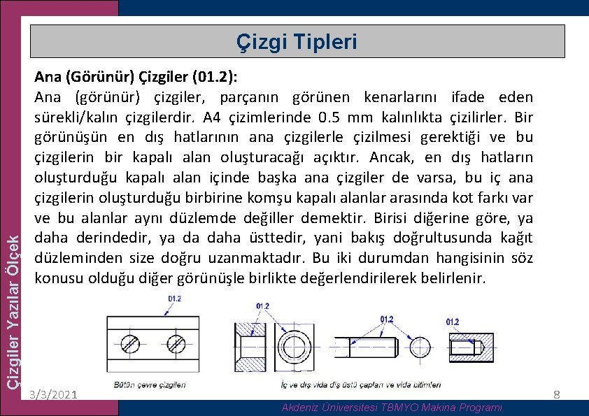 Çizgiler Yazılar Ölçek Çizgi Tipleri Ana (Görünür) Çizgiler (01. 2): Ana (görünür) çizgiler, parçanın