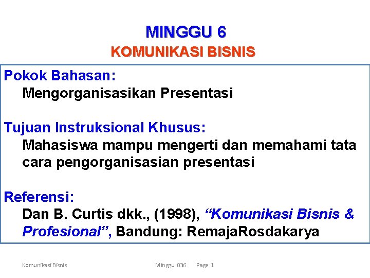 MINGGU 6 KOMUNIKASI BISNIS Pokok Bahasan: Mengorganisasikan Presentasi Tujuan Instruksional Khusus: Mahasiswa mampu mengerti