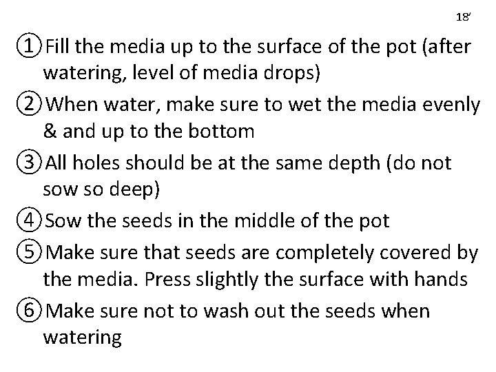 18’ ①Fill the media up to the surface of the pot (after watering, level