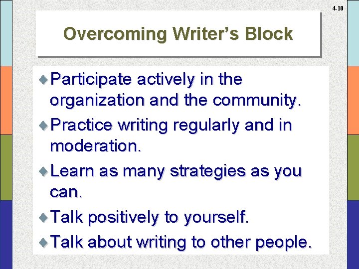 4 -10 Overcoming Writer’s Block ¨Participate actively in the organization and the community. ¨Practice