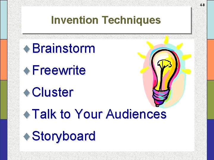 4 -8 Invention Techniques ¨Brainstorm ¨Freewrite ¨Cluster ¨Talk to Your Audiences ¨Storyboard 