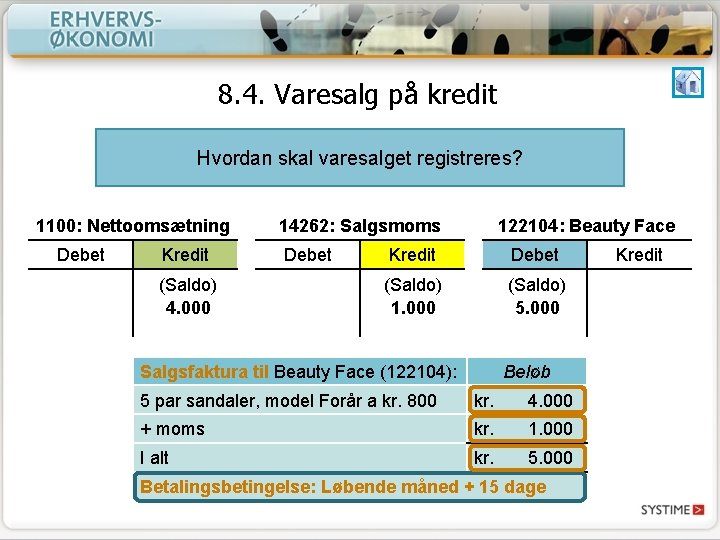 8. 4. Varesalg på kredit Hvordan skal varesalget registreres? 1100: Nettoomsætning Debet Kredit (Saldo) 8. 4. Varesalg på kredit Hvordan skal varesalget registreres? 1100: Nettoomsætning Debet Kredit (Saldo)