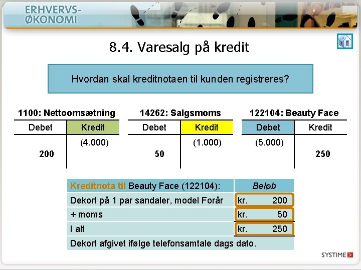 8. 4. Varesalg på kredit Hvordan skal kreditnotaen til kunden registreres? 1100: Nettoomsætning Debet 8. 4. Varesalg på kredit Hvordan skal kreditnotaen til kunden registreres? 1100: Nettoomsætning Debet