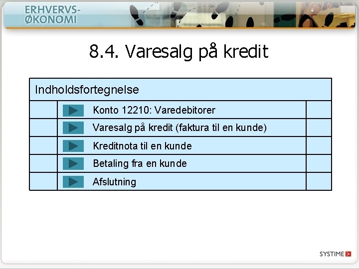 8. 4. Varesalg på kredit Indholdsfortegnelse Konto 12210: Varedebitorer Varesalg på kredit (faktura til 8. 4. Varesalg på kredit Indholdsfortegnelse Konto 12210: Varedebitorer Varesalg på kredit (faktura til