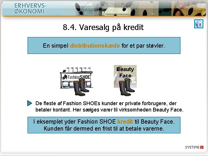 8. 4. Varesalg på kredit En simpel distributionskæde for et par støvler. Beauty Face 8. 4. Varesalg på kredit En simpel distributionskæde for et par støvler. Beauty Face
