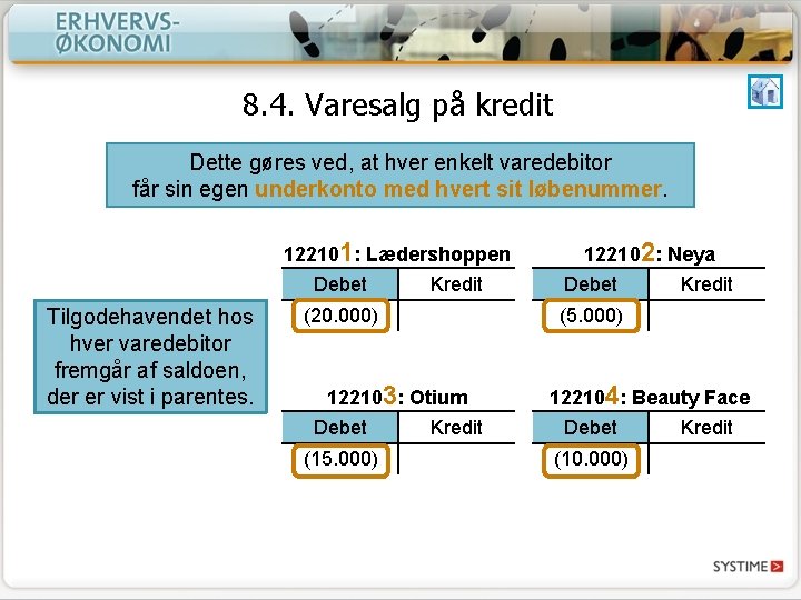 8. 4. Varesalg på kredit Dette gøres ved, at hver enkelt varedebitor får sin 8. 4. Varesalg på kredit Dette gøres ved, at hver enkelt varedebitor får sin